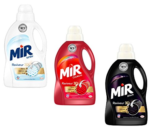 Mir Lot 3 Flacons 1,5L Lessives Liquides Incontournables : White, Couleurs et Black (3 x 1,5 Litres)