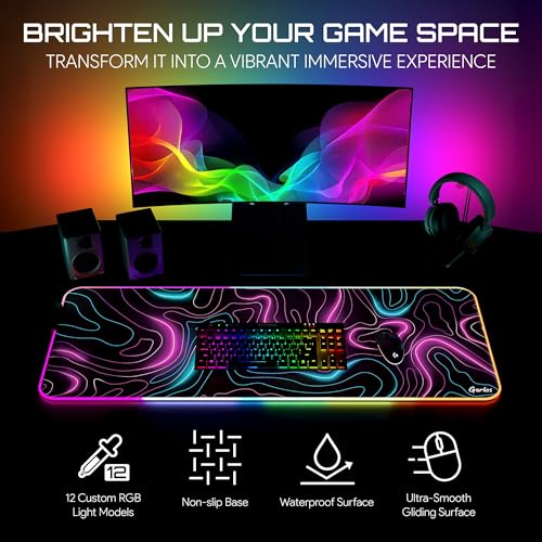 Image of Gerlos RGB Gaming Mouse Pad, Large LED Desk Mat, 31.5 x 11.8 Inch | 12 light modes, non-slip base, water-resistant surface, stitched edges
