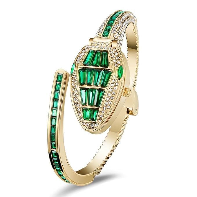 Emerald Green & White Crystal Serpent Cuff Bracelet Watch for Women – Gold-Plated Roman Dial Bangle Watch-image-39