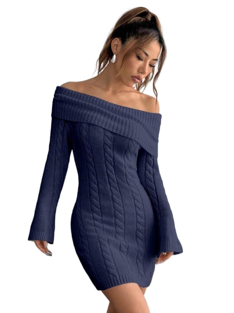 Womens Sweater Dresses Off Shoulder Long Sleeve Knit Dress