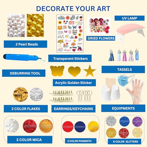 Image of exploralearn 185 Pcs Ultimate Resin Art Kit with 300g Epoxy Resin - DIY Alphabet, Jewelry, Keychains, Coasters & Bookmarks - Includes UV Lamp, Deburring Tool, Dried Flowers, Stickers & More