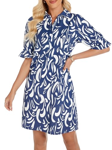 Image of FENSACE Womens Casual Shirt Dress Ruffle Sleeve Button Down Shift Summer Dresses with Pockets
