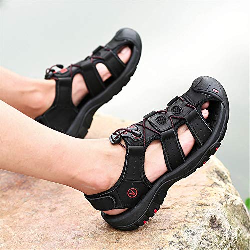 Sandals Men Leather Beach Shoes Baotou Casual Large Size Outdoor Casual Fisherman Strap Hiking black-374