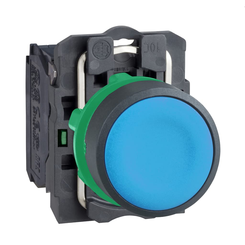 Schneider Electric Harmony XB5 - Push Button Switch, Plastic, Spring Return, 1NO, 22 mm Mount, Unmarked, Flush Operator Profile, XB5AA61, Blue
