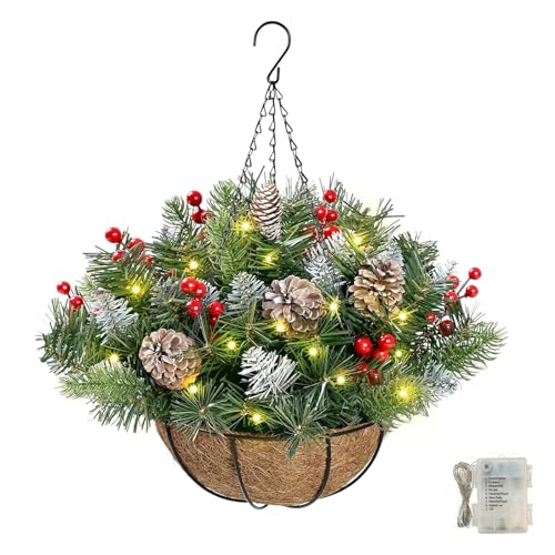 Image of 20in Pre-Lit Artificial Christmas Hanging Basket, Christmas Wreath Basket Hanging Wreath with 8 Modes & Timer for Front Porch Garden Patio Outdoor Xmas Holiday Decor (1PCS)