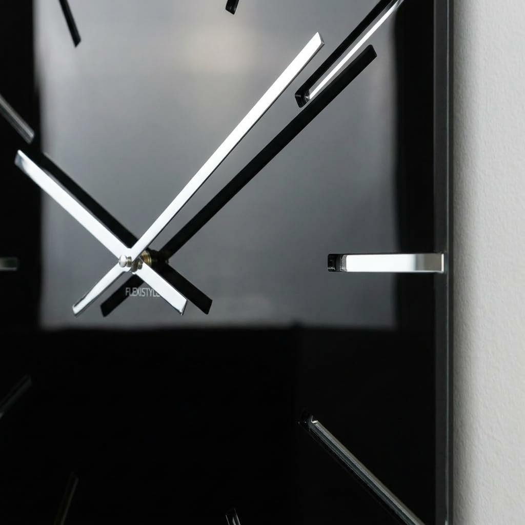 FLEXISTYLE Reloj de Pared Grande Negro Cuadrado Exact 50 cm, sin Ruido de tictac, Cristal acrílico y Espejo acrílico, Moderno salón, Dormitorio, baño