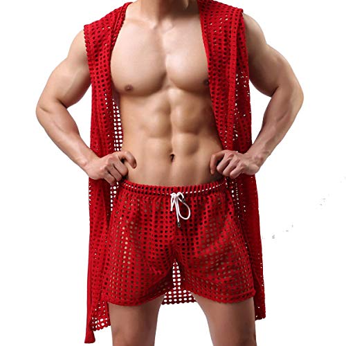 Yufeida Men's Sexy Hooded Sleeveless Robes Bathrobes Mesh See-Through Lingerie Sleepwear Pajamas(Red L) #TOP3