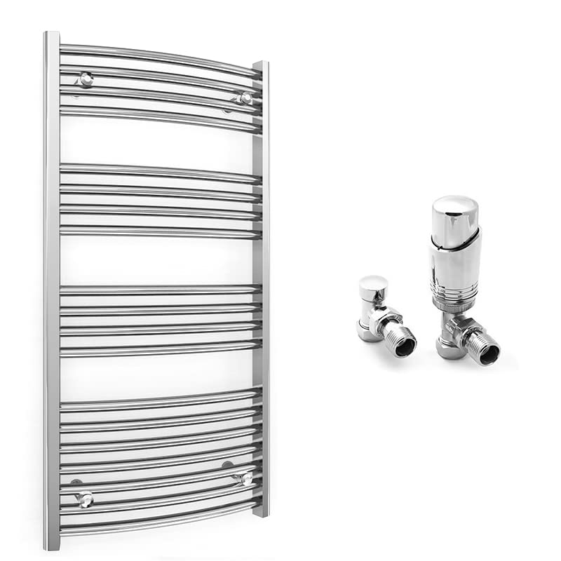 600mm Wide Curved Chrome Heated Bathroom Towel Rail Radiator With Valves For Central Heating UK (With TRV Angled Valves, 600 x 1000 mm (h))