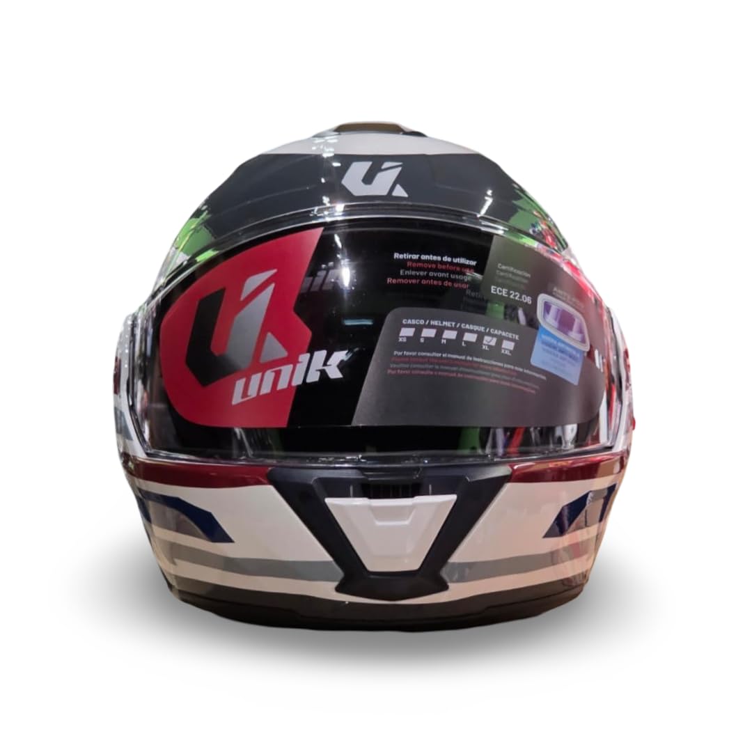 unik Casco Modular Abatible 180 Spectrum Moto Adultos Visera Solar Doble Policarbonato 2 Calotas Ventilación Frontal Trasera Cierre Micrométrico - Blanco Roj Azul , Talla M