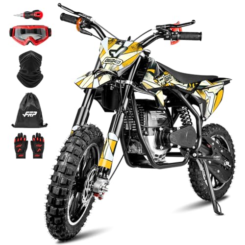 Image of FRP FX40-Ogemaw Teens Dirt Bike, 40CC 4-Stroke Gas Powered Mini Dirt Bike with Goggles /Neck Gaiter /Gloves, 20 MPH Max Speed, Dual Disc Brakes, 132 LBS Capacity - Yellow