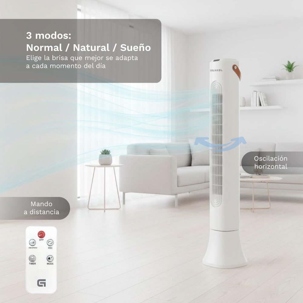 Grunkel Torre de Ventilación de 50W TF-DSG | 4 Velocidades | 3 Modos Normal/Natural/Sueño | Oscilación Electrónica | Temporizador 1-7h | Mando a Distancia | 93 cm (Blanco)