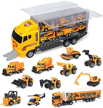 zoordo Construction Truck Toys Sets,11 in 1 Mini Die-Cast Truck Vehicle Car Toy in Carrier Truck,Gifts for 3 + Years Old Kids Boys Girls