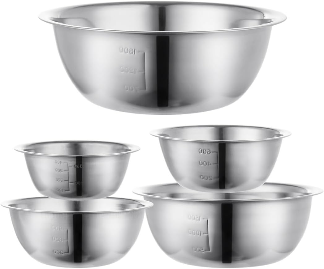 Nesting Bowls in Different Sizes for Space Saving Storage, 5Pcs Stainless Steel Mixing Bowls, Great for Outdoor Picnic, Bottom Mixing Bowl Set, Home Cooking, Baking, Prepping