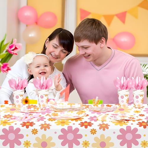 Image of Groovy Party Supplies Daisy Groovy Tableware Set Serves 24 Include Boho Daisy Tablecloth Hippie Tableware Set for Boho Hippie Retro Birthday Baby Shower Party Decor