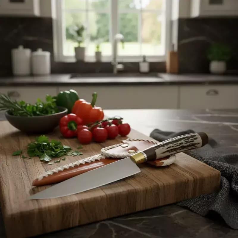 Sor pampa grill Cuchillo de barbacoa gaucho, acero inoxidable, mango combinado (ciervo y bronce) funda de piel.