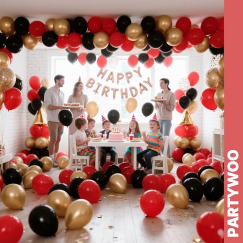 Image of PartyWoo Red Black and Gold Balloon Arch Kit Garland 142pcs Different Sizes of 18 12 10 5 Inch Matte Black Red Metallic Gold Confetti Balloons for New Year's Eve Graduation Birthday Party Decorations