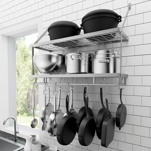 KES 30-Inch Silver Gray Pot Rack Wall Mounted, 2-Tier Hanging Pot and Pan Organizer with 12 Sturdy Hooks, Kitchen Wall Hanger Shelves Modern, KUR215S75B-SG by KES - Used condition - US$31.47