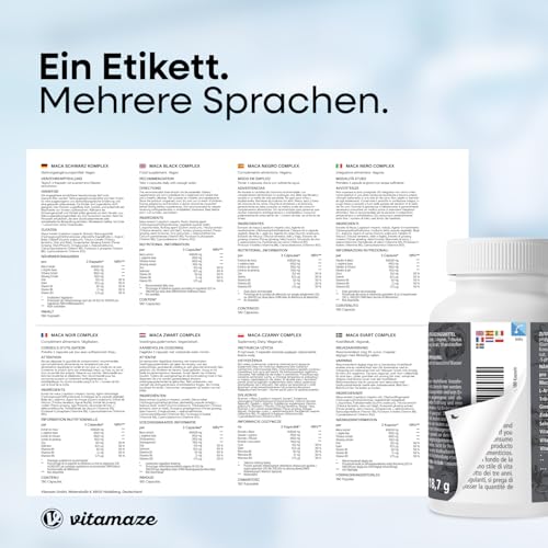 Vitamaze Maca Kapseln mit L-Arginin, Tribulus Terrestris, Ginseng, Zink & B-Vitamine, für Männer und Frauen, 180 vegane Kapseln, Made in Germany