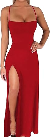 Ulovmi Formal Wedding Guest Dress Women Sexy Bodycon Elegant Maxi Gown for Evening Dinner Prom High Slit Square Neck Backless