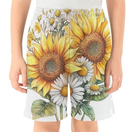 Watercolor Sunflower Daisy Flower Bouquet Boy Casual Shorts Athletic Shorts Pants with Pockets3