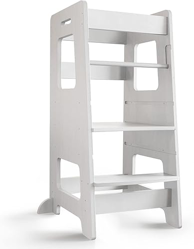 WOOD CITY Taburete de cocina para niños pequeños con riel de seguridad, altura ajustable para niños, taburete de aprendizaje para encimera de cocina