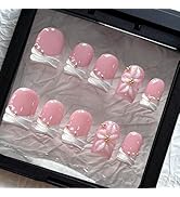 MAGLFELL 3D Handmade Press on Nails-Short Square French Tip Fake Nails with Flowers and Gold Bead...
