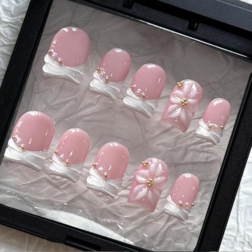 MAGLFELL 3D Handmade Press on Nails-Short Square French Tip Fake Nails with Flowers and Gold Beads 10 Pcs Glossy Acrylic Press On Nails for Women
