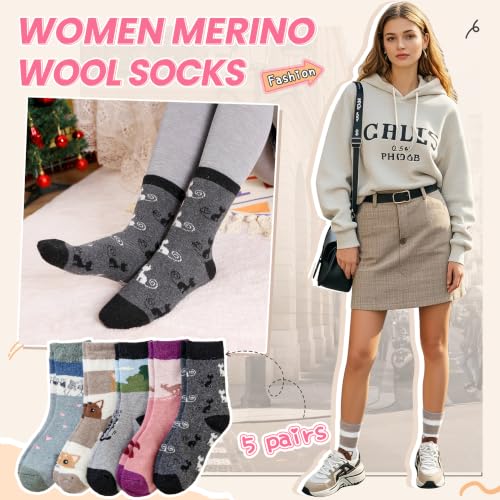 Image of Velice Wool Socks for Women Merino Wool Boot Hiking Thick Thermal Warm Winter Crew Cushion Cozy Work Socks 5 Pairs