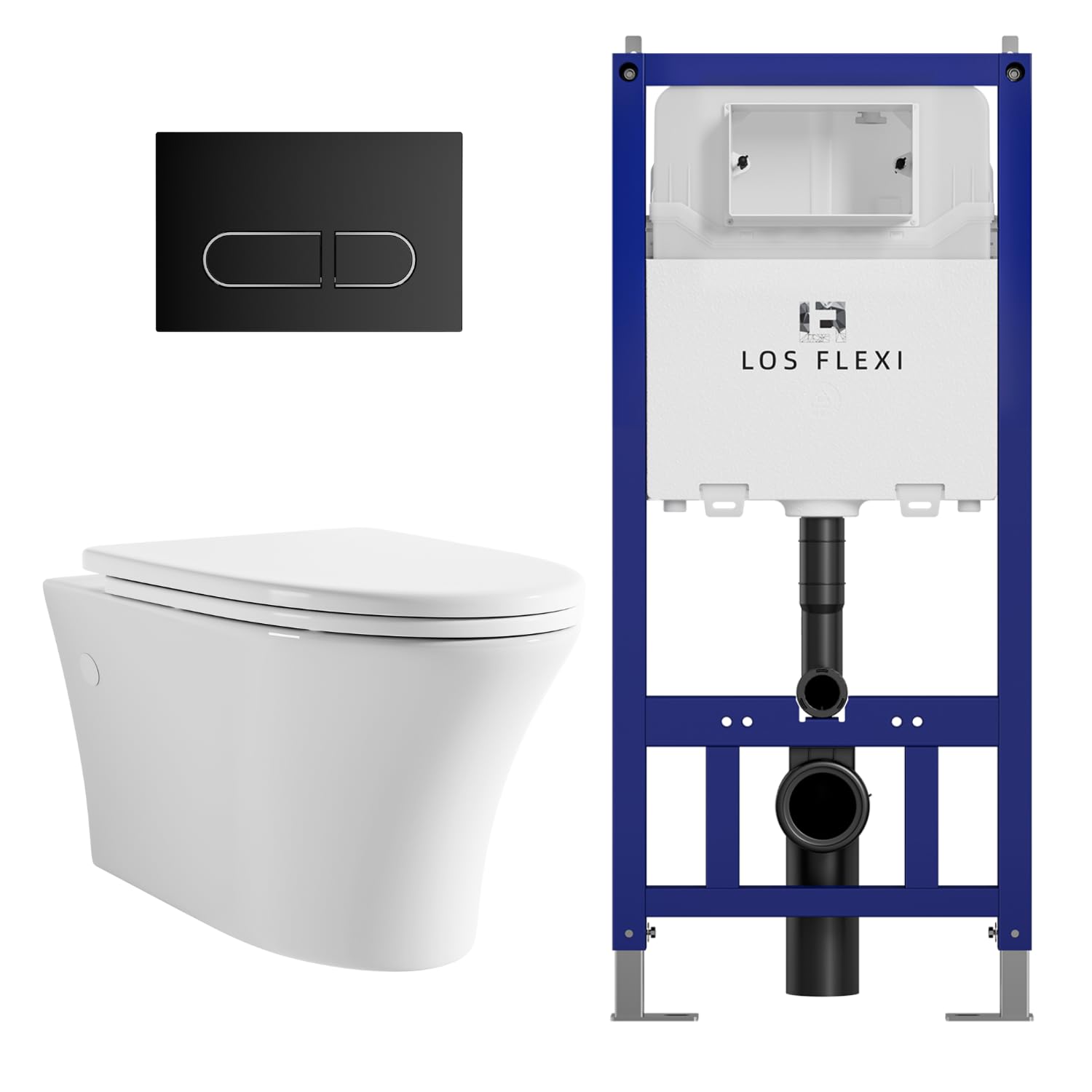 Comfort & Elongated Wall Hung Toilet System, Los Flexi Wall Mounted Toilet with Adjustable Floating Toilet Bowl, Durable In-Wall Toilet Tank Carrier, Soft-Close Seat & Dual-Flush Push Plate Included