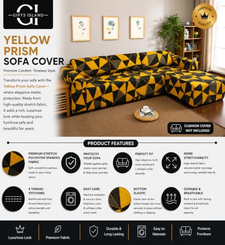 Image of Gifts Island Premium 160GSM Super Soft Yellow Prism Stretchable Sofa Cover L Shape 6 Seater Fully Covered | Suitable for Both Left and Right Side Chaise Sofa (Yellow Prism, 3+3 Seater)