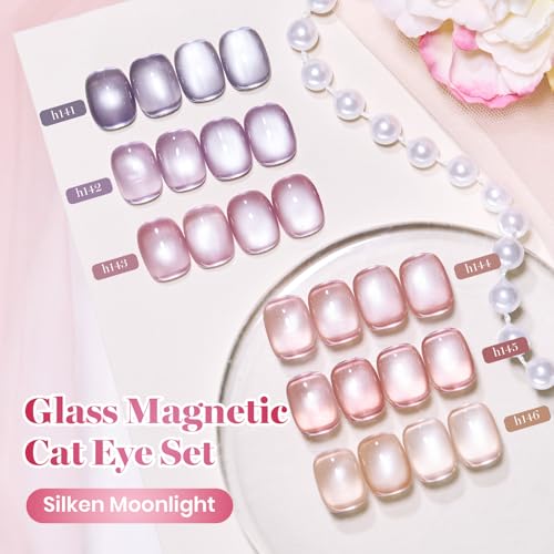 Image of Beetles Silken Moonlight Cat Eye Gel Nail Polish Set - 6 Colors 15ML Full Size Purple Pink Nude Cat Eye Gel Polish Kit Glitter Magnetic Effect Soak Off UV Nail Art DIY at Home Manicure for Women