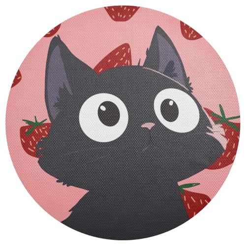 MiaoLD ランチョンマット プレースマット 1枚 丸型 黒猫 ねこ いちご 苺 ピンク 可愛い 滑り止め 防水 汚れ防止 テーブルマット 食事マット コーヒーマット 断熱 保冷 キズ防止 おしゃれ PVC製 食卓飾り 雰囲気アップ 洗える 家庭用 レス