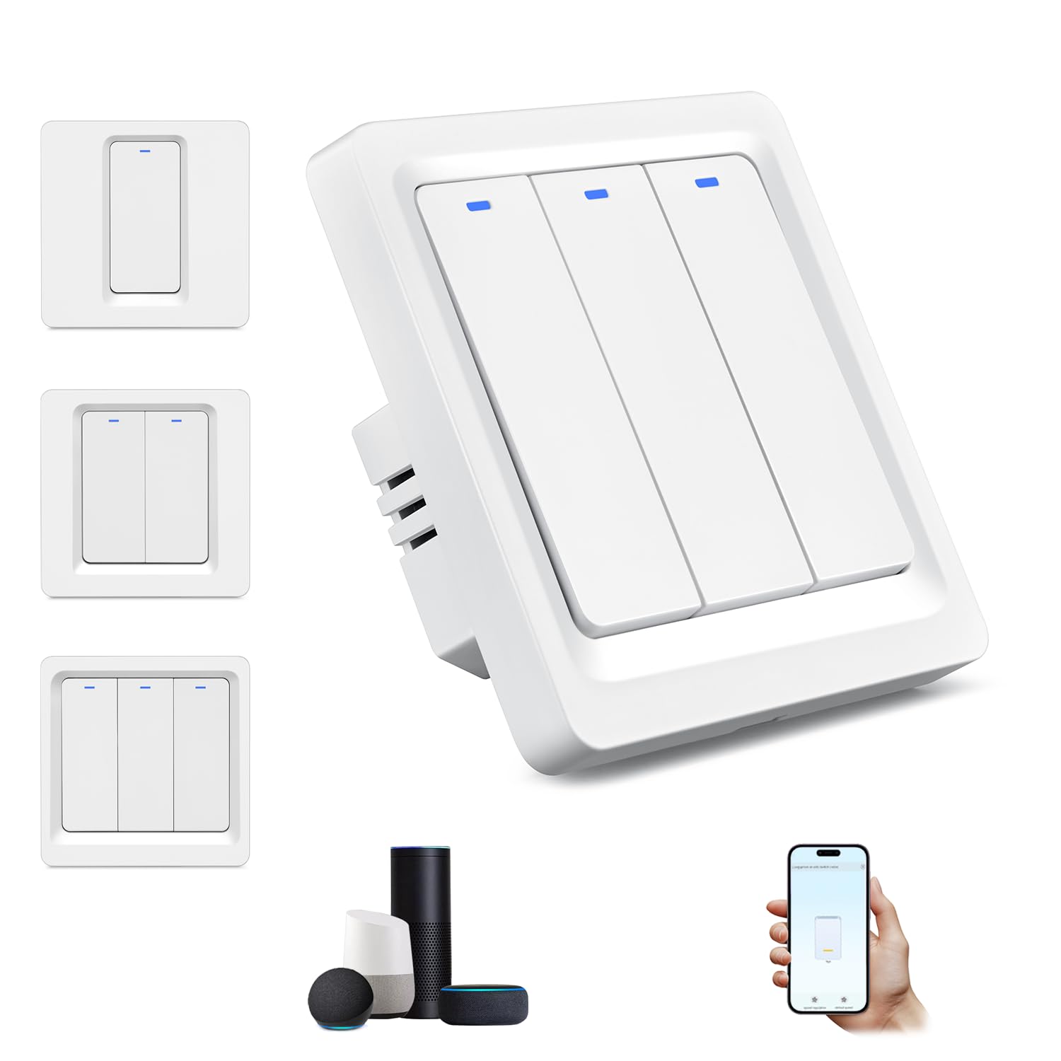 WiFi Smart Light Switch, No Neutral Wire Required, with Remote Control, Voice Control and Timer, Compatible with Alexa and Assistant, Easy Installation (3 Gang, Single L Wire)