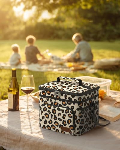 Image of HOTOR Insulated Lunch Box Men Women Leak-Proof Cooler Lunch Bag 9L | 4 Pockets, Adjustable Strap, Ideal for Work, Picnic, Travel, Camping, Gift, Brown Leopard