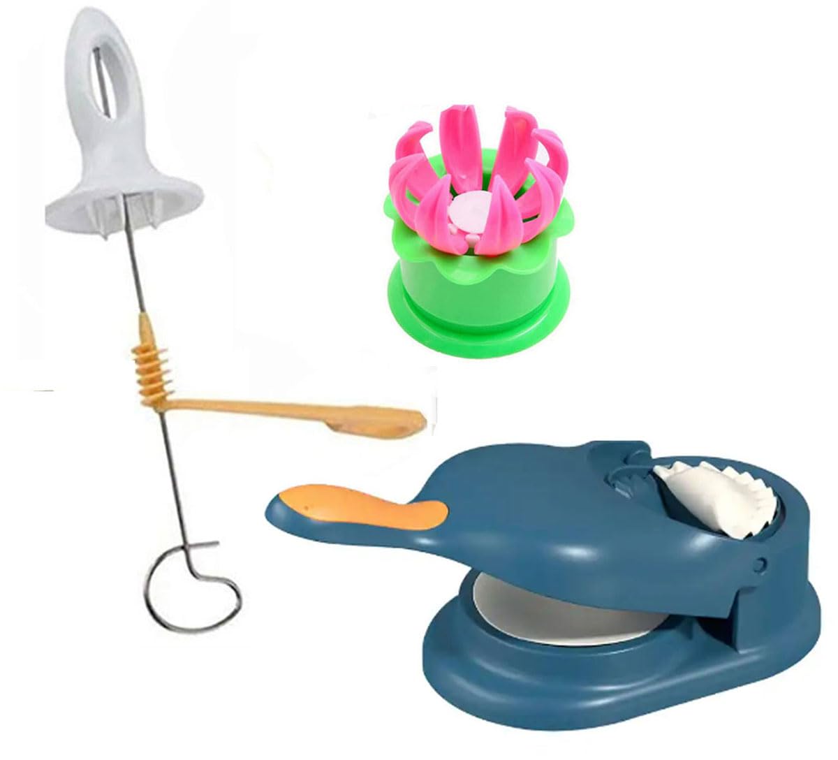 ExcitingDealz Best Kitchen Combo Dumpling Maker 2 in 1 Puri Press karanji/Gujiya Mould + Manual Twist Potato Spiral Cutter + Steamed bun/modak Pastry Pie Stuffed Dumpling Maker Mould.