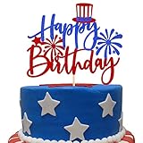 1 PCS Happy Birthday Cake Topper with Glitter Firework Independence Day Cake Pick USA Patriotic Decorations for 4th of July Independence Day American National Theme Birthday Party Supplies