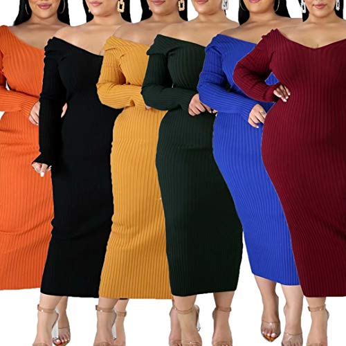 Image of Women's Plus Size Sexy Long Sleeve Maxi Sweater Off Shoulder Knit Dress