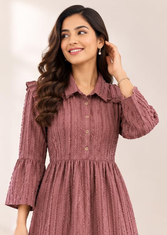 Image of Ayli Women's Textured Long Frock | Full Sleeve Maxi Frock | Tiered A-Line Dress for Casual, Office