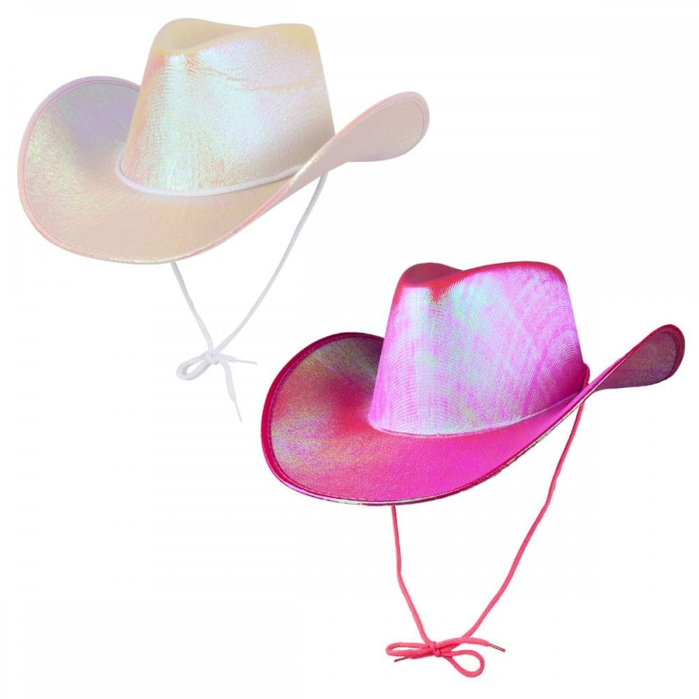 2 Pack Cowgirl Hats (Multiple Options) : Adult Ladies Womens Western Wild West Hen Night Music Festival Barn Dance Rodeo Fancy Dress Cowboy Costume Accessories (Iridescent, Hot Pink,White)