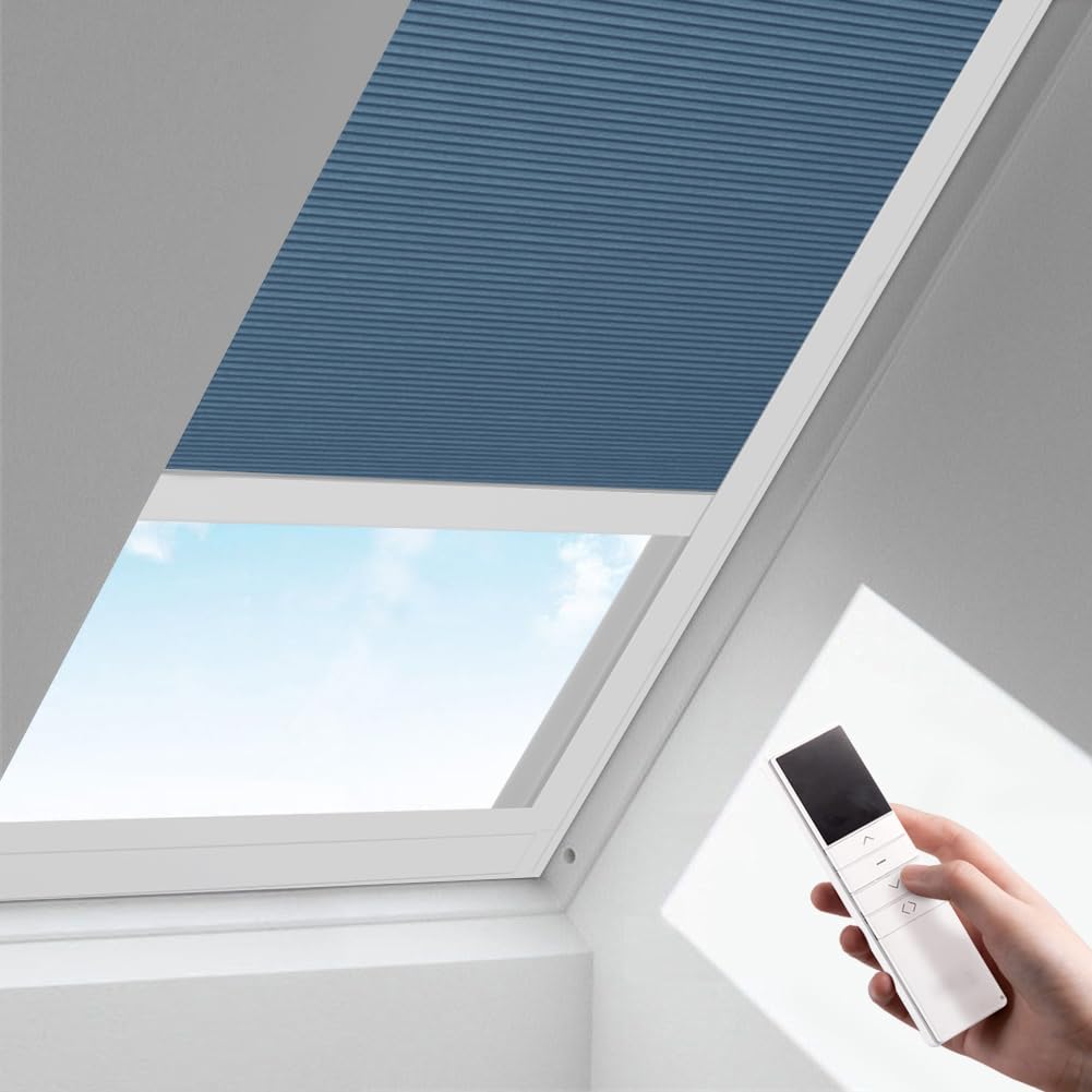 Zshine Motorized Cellular Shades Cordless Honeycomb Blinds Full Blackout Fabric Window Shades for Skylight (Blue Sky 93021I)