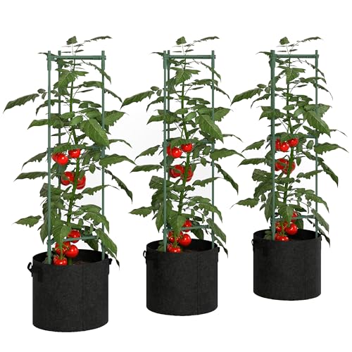 Outsunny Hochbeet mit Rankgitter 83,7 Liter Säcken 3er Set dreieckige Pflanzkasten Tomatenstütze Blumenbeet Rankkasten für Kletterpflanzen Garten, Balkon, 35 x 35 x 120 cm