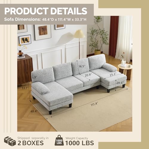 VINGLI 110' U-Shaped Sectional Couch with Two Chaise, Affordable Small Sofa with 4 Seats, Chenille Fabric Comfy Couches for Living Room, Light Grey - Image 3