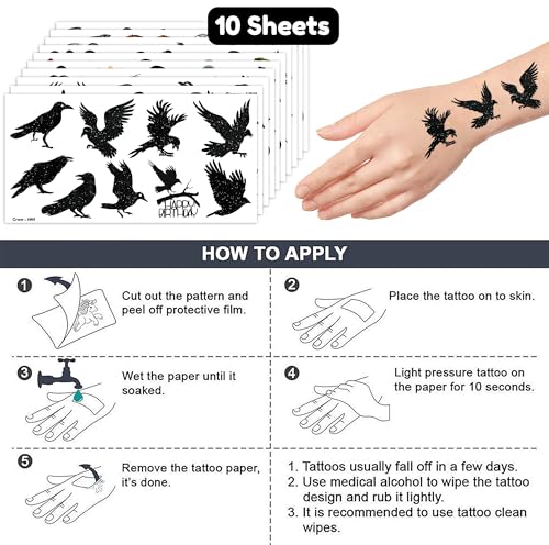 Frawharmone Crow Bird Temporary Tattoos Stickers Theme Animal Birthday Party Supplies Favors Decorations 100Pcs Black Horror Crows Raven Gothic Tattoo Sticker Gifts For Boys Girls School Prizes Halloween Carnival thumb #6