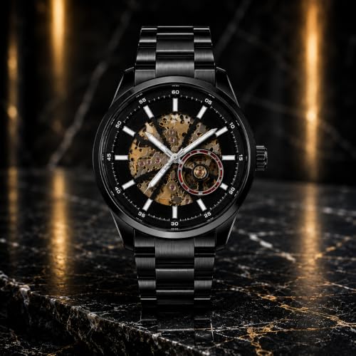 Image of Automatic Watches for Men, Black Analog Skeleton Mechanical Wrist Watch with Stainless Steel Chain, Black Dial, Self Winding Luxury Timepiece, Classic Waterproof Hand Watch