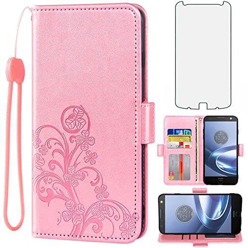 Asuwish Compatible with Moto Z Force Wallet Case and Tempered Glass Screen Protector Flip Wrist Strap Credit Card Holder Stand Cell Phone Cover for Motorola ZForce MotoZForce Droid XT1650 Rose Gold