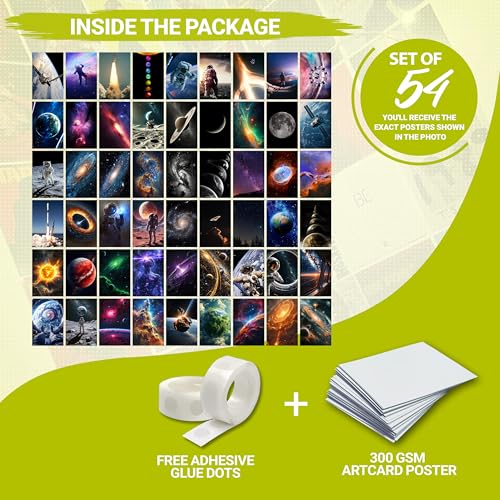 Image of MODERN GALLERY MART Pack of 54 Space Galaxy Aesthetic Wall Collage Kit Posters - 4 x 6 Inches Posters for Wall Decoration - Wall Art For Bedroom, Office, Living room, Dorm room - Glue Dots Included