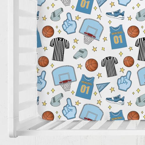 Image of Funny Basketball Baby Crib Sheet 52''x28'' Basketball Sports Snug Fitted Crib Mattress Cover for Boy Girl Basketball Balls Hoop Uniform Soft Nursery Baby Sheets for Standard Crib Toddler Mattress