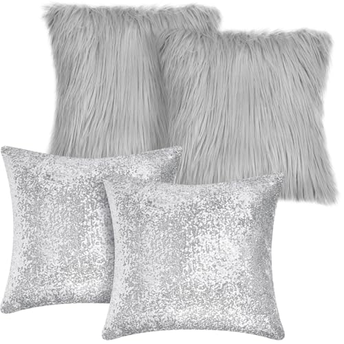 Irenare 4 Pcs Sequin and Fluffy Pillow Covers Winter Throw Pillow Cases Soft Cushion Cover for Couch Bed Sofa Xmas Day(18 x 18 Inch Silver Gray)