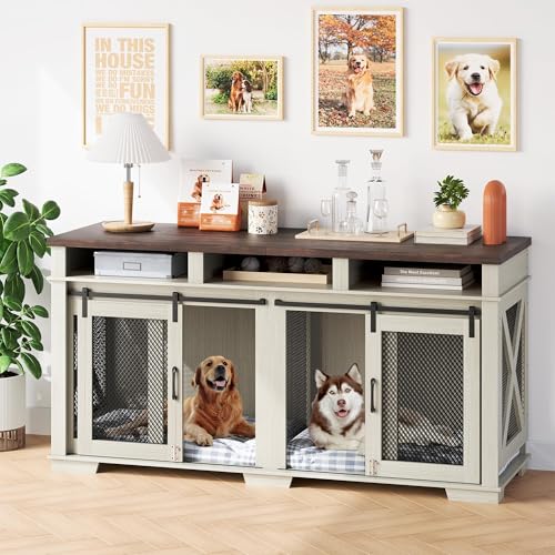 71'' Double Dog Crate Furniture with 3 Drawers - Large Dog Kennel As TV Stand, Pet Cage with Removable Divider & Sliding Barn Door, Rustic Wood Storage Cabinet