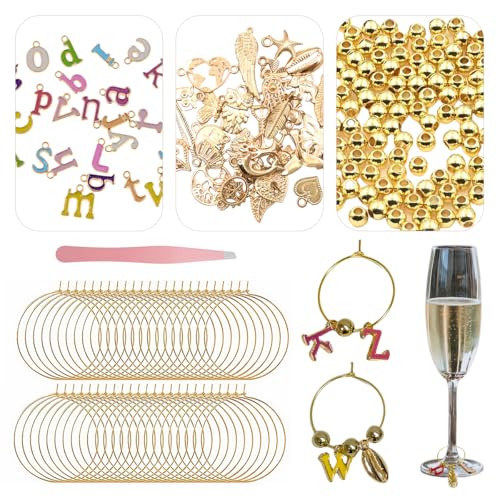 PaoShuTai 50 Sets Wine Glass Charms Wine Charms for Stem Glasses DIY Reusable Drink Markers for Weddings & Bachelorette with Alphabet Beads